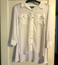 Slim Factor Women’s 3X Plus Solid Button-Up Top White Collared 3/4 Roll Tab picture