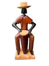 Vintage, Hand-carved Cuban Folk Art Wooden Scultpture of a Conga Drummer. picture