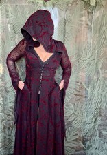Rare Archival Punk Rave Red & Black Flocked Velvet Hooded Gothic Dress M/L picture