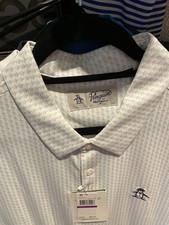 Original Penguin Men’s White Blue Geometric Short Sleeve Polo Collared Button picture