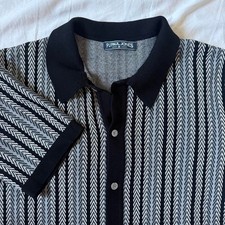 PJ Paul Jones Black Gray Herringbone Knit Button Front Polo Shirt Medium picture