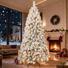 5/6/7 ft Prelit Snow Flocked Christmas Tree White Artificial Xmas Tree w/Stand picture