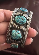 Vintage Chunky Navajo Robert Kelly Sterling Turquoise 4 Stone Cuff 77 G picture