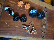 Vintage Lucite Lot 5 Pairs Mod Retro Earrings Neutral Tones Black/Orange Jewelry picture