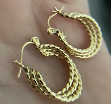 Vintage 14k Solid Yellow Gold Triple Gloss Rope Hoop Earrings 2.3g maker  FS picture