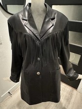 Vtg José Luis USA Black Leather Western Fringe Blazer Buffalo Nickel Sz 11/12 picture
