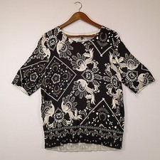 Boho Chic Talbots Womens XL Black White Peacock Medallion Knit Elbow Sleeve Top picture