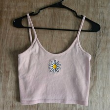 Boho Y2K Cottagecore Cotton On Pink Ribbed Daisy Embroidered Crop Tank Top Large picture