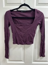 Zara Women’s Cropped Long Sleeve Purple Ribbed Top With Square Neckline picture