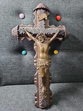 Antique 19th C Carved Wood Crucifix Brass Christ INRI Skull Memento Mori picture