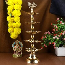 SATVIK 2 Pc Brass Panchmukhi Peacock Kerala Samai Puja Diya Kutthu Vilakku Oi... picture