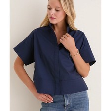 Navy Trapunto Stitch Sofia Shirt XL Short Sleeve Boxy Button Down Navy Blue picture