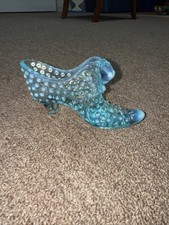 Vintage Fenton Light Blue Hobnail Art Glass Slipper Shoe Cat Head Figurine Aqua picture