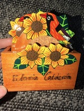 Vintage Wooden sunflower Oriole bird coaster set with 6 coasters and wooden box. picture