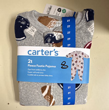 Carter's 2T Fleece Footed Footie Pajama One Piece Zip Gray Football picture