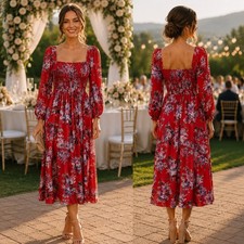 Chelsea28 Red Floral Smocked Bodice Midi Dress Long Sleeve XXL NWT Nordstrom picture