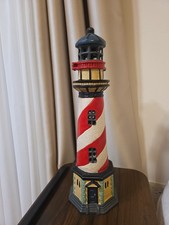 Vintage Cast Iron Light House Tea Light Candle Door Stop 17  Red White Stripe picture