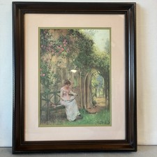 Vintage Framed Art Print Woman Reading Book in Rose Garden Cottagecore 19x23⁠ picture