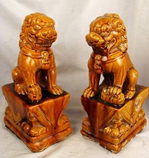 LG ANTIQUE CHINESE FOO DOGS HANDMADE w OCHER GLAZE c.1890 picture