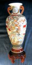 Authentic Meiji Era Antique Japanese Satsuma Vase 16.5” Tall w/Rosewood Stand picture