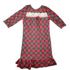Vintage HONORS Girls Christmas Nightgown Plaid Flannel Lace Trim FLAW 25