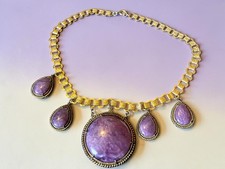 Incredible Victorian Book-link Chain Purple Marble Art Glass Festoon Necklace picture