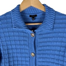 Talbots Blue Textured Cotton Cardigan Sweater Womens S Gold Crest Buttons KH5395 picture