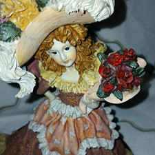 Victorian Style Girl Figurine Holding Floral Bouquet on Base, Painted Resin picture