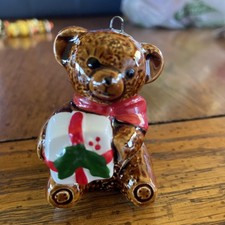 Vintage Schmid ceramic Teddy Bear holding a gift ornament picture