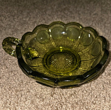 • Vintage Fostoria Green Glass Candy Dish Eagle & Torch Coin Dot Pattern Scallop picture