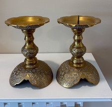 Vintage Pair Chinese Brass Dragon Altar Pillar Ornate 7