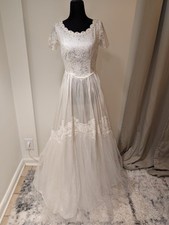 Vintage 1950s Unbranded White Wedding Dress Lace Satin Rhinestone Pearl  picture