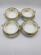 Vintage Noritake Japan 4 Cream Soup Cups Saucers Green Floral Gold 8 Pc Set picture