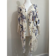 Boho Floral Crochet Lace Kimono Cardigan Ivory Blue Bell Sleeve Open Front picture