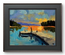 R Stevens Original 11x14 Impressionist Fishing Dock Sunset Painting Signed Wall picture