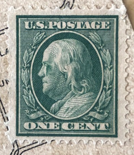 ANTIQUE US 1908 BENJAMIN FRANKLIN 1 CENT GREEN STAMP ON POSTCARD UNCANCELLED picture