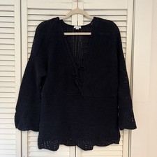 J. Jill 100% Cotton Crochet Lace Up Tassel Tie Sweater Size Large Petite picture
