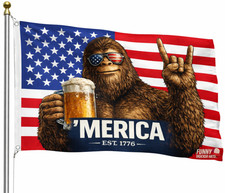 ’Merica Bigfoot Flag EST 1776 Patriotic USA 3x5 ft Funny Beer Banner Funny Flag picture