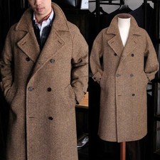 Men's Brown Autumn Winter Herringbone Long Coat Wide Lapel Offfice Trench Coats picture