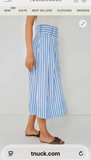STAUD Blue White Striped Cotton A-Line Midi Skirt Belted Button Front Women’s 4 picture