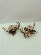 Vintage Italian Tole Painted Metal Floral Candelabra Candle Holders- Pair picture