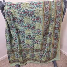 Vintage Indian Floral Block Print Cotton Bedspread 86x104 Sage Teal Burgundy picture