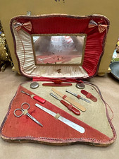 Antique Travel Size Manicure  Kit Red Case w/ Mirror Metal Tools Manual Set picture