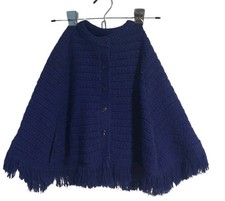 Handmade Kid's Cape Shawl Poncho Blue Hand Knit Hand Vents Fringe Button Front picture