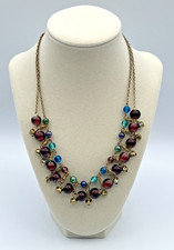 VINTAGE STYLE GLASS CHA CHA STATEMENT NECKLACE CHUNK PURPLE TEAL JINGLE BELL 18