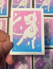 ACEO/ ATC original art card linocut hand printed Pokemon Mew picture