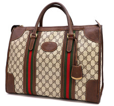 GUCCI VINTAGE Web Stripe Handbag Boston Purse GG Supreme Brown Rare Authentic picture