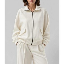 NWT LILYSILK Silkerry Silk-Wool Sweat Jacket With Pockets, Natural White, Large picture