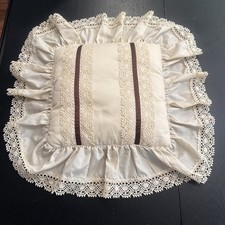 Vintage French Country Victorian Ruffled Lace Pillow with Brown Trim picture
