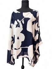 Chico’s L/XL Navy White Abstract Floral Sheer Poncho Tunic Blouse Top picture